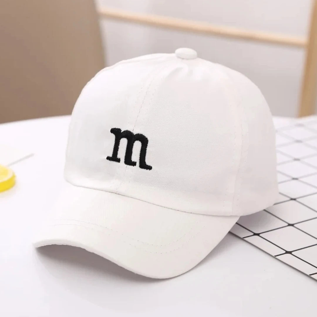 Girls Boys Adjustable Baseball Cap | Kids Sun Hat with M Letter Embroidery close-up view
