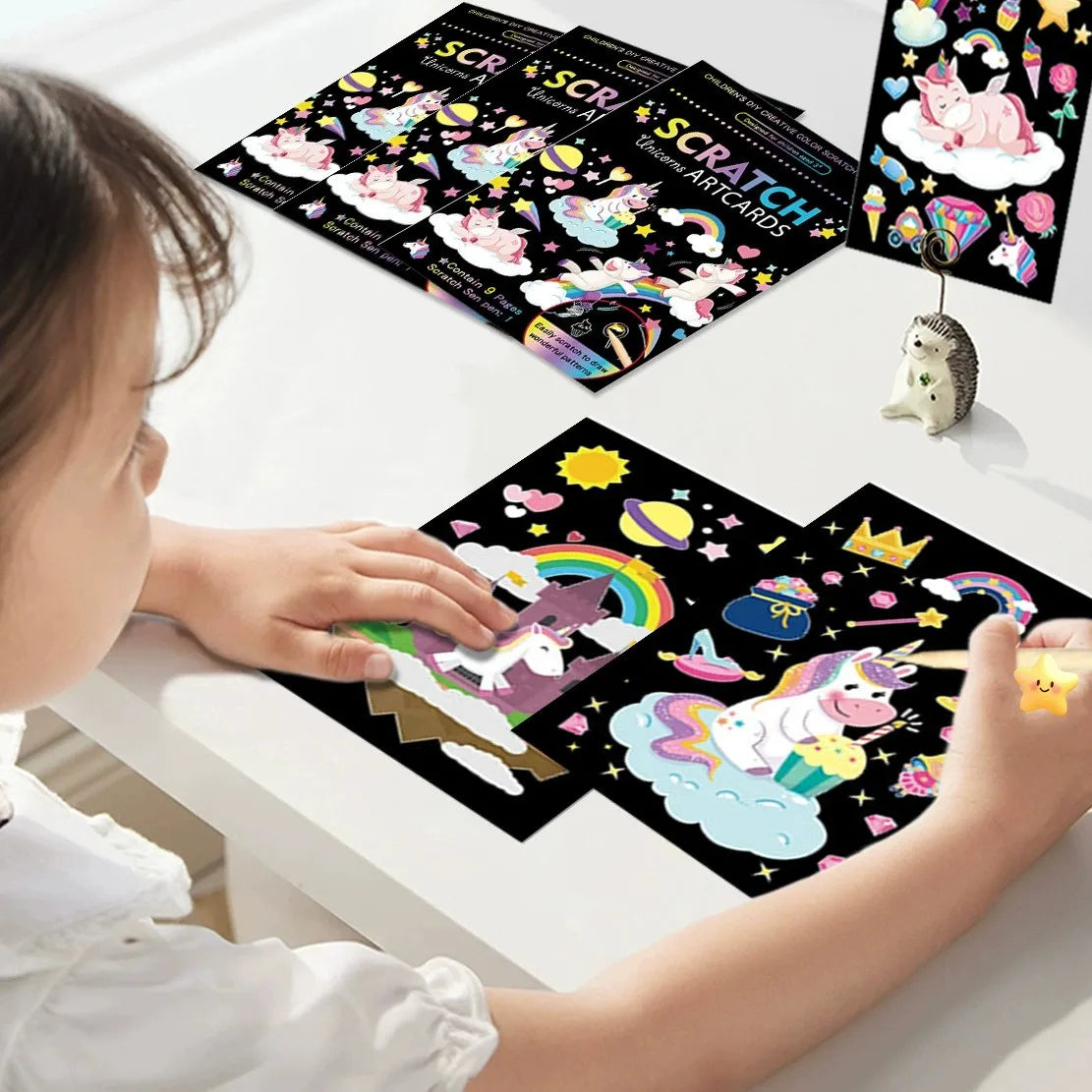 9Pcs/set Magic Rainbow Color Scratch Art Painting Paper Card Kit Cartoon Animal Drawing Board Drawin