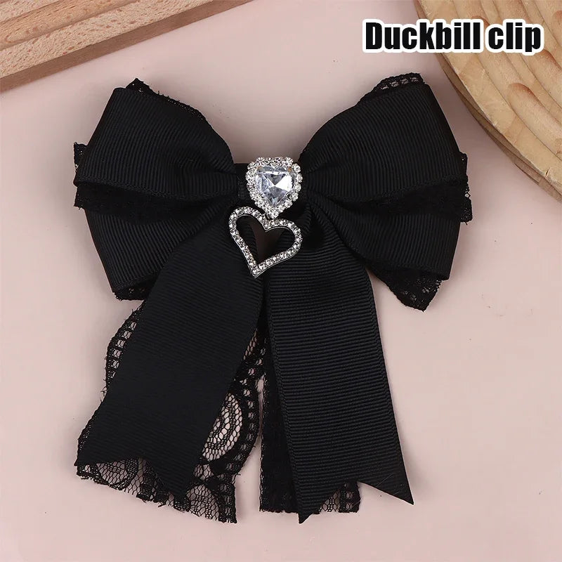 Women's Lace Bow Tie Brooches Hairclip Heart Shape Rhinestone Pendant Lolita Skirt Ac alternate view