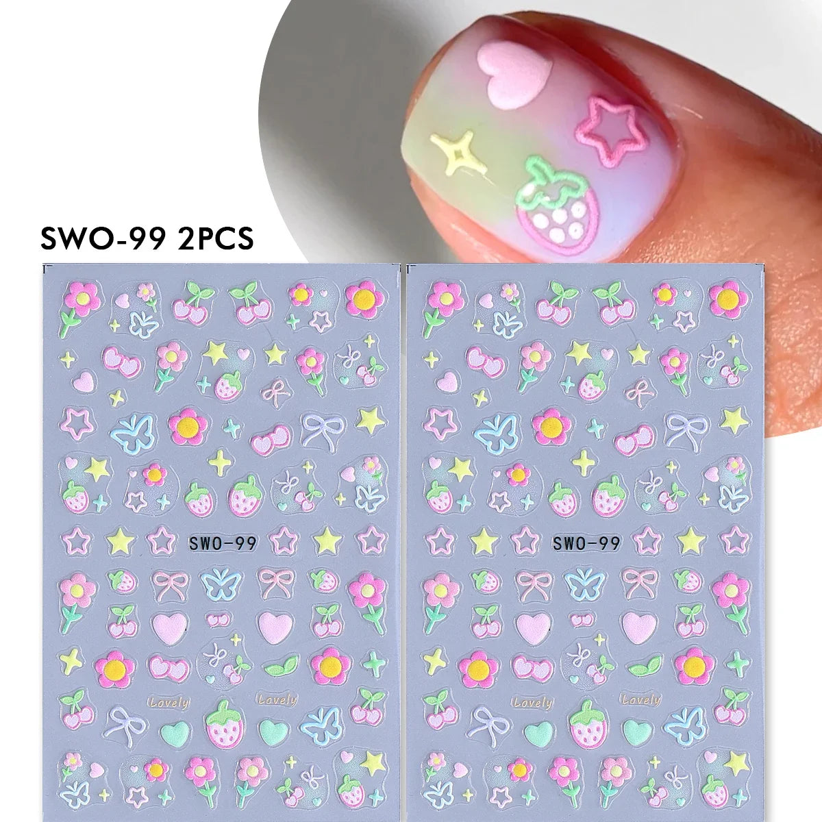 2pcs Sweet Element Nail Art Stickers Simple Flower Heart Cherry Strawberry Kawaii Deca close-up view
