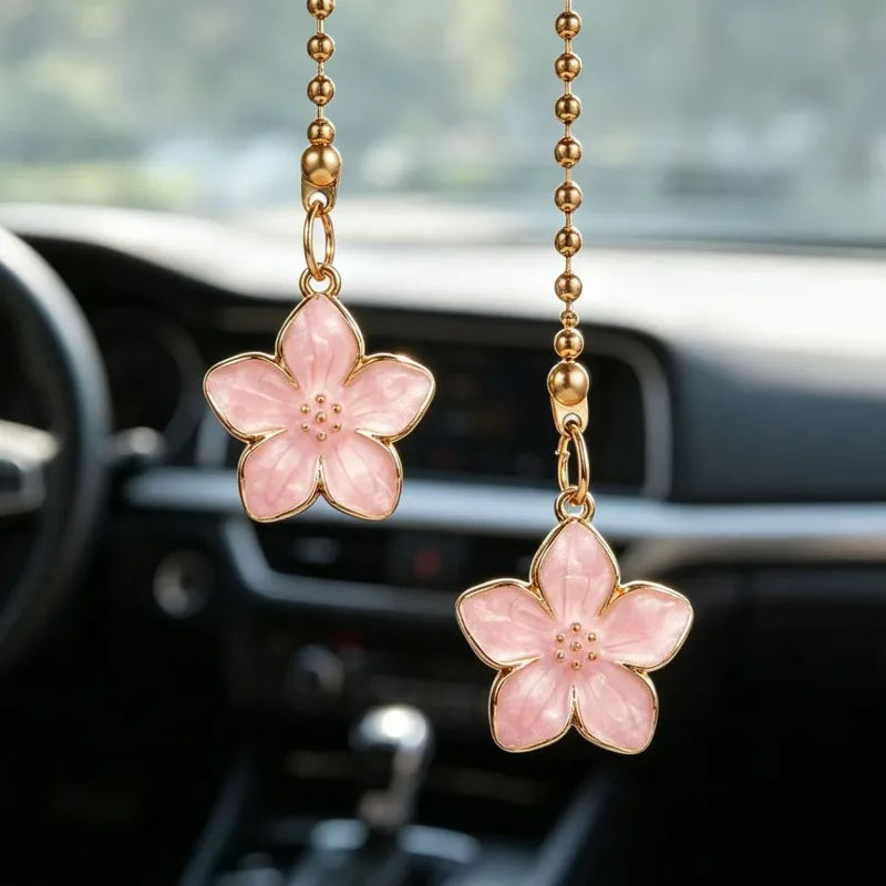 Pink Sakura Flower Rearview Mirror Pendant with Gold Chain lifestyle view