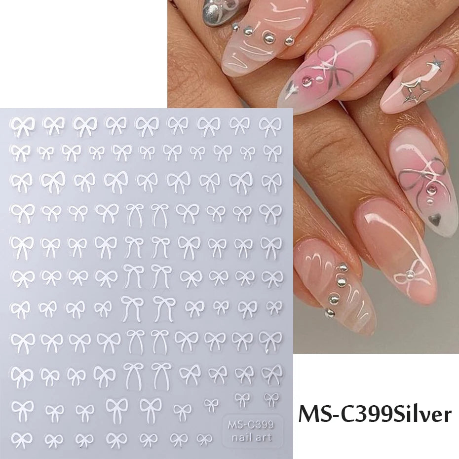 1/2pcs Black White Pink Mini Bowknot Design Nail Art Sticker Self Adhesive Lace Rib additional angle