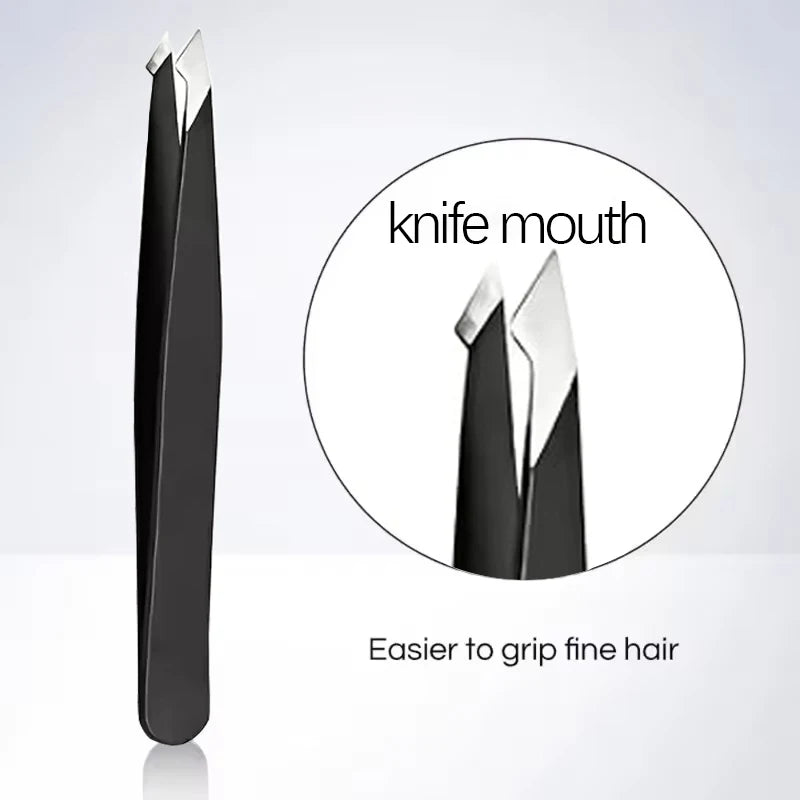 Stainless Steel Black Eyebrow Tweezer with Slant and Flat Point Beauty Tools for Eyela close-up view