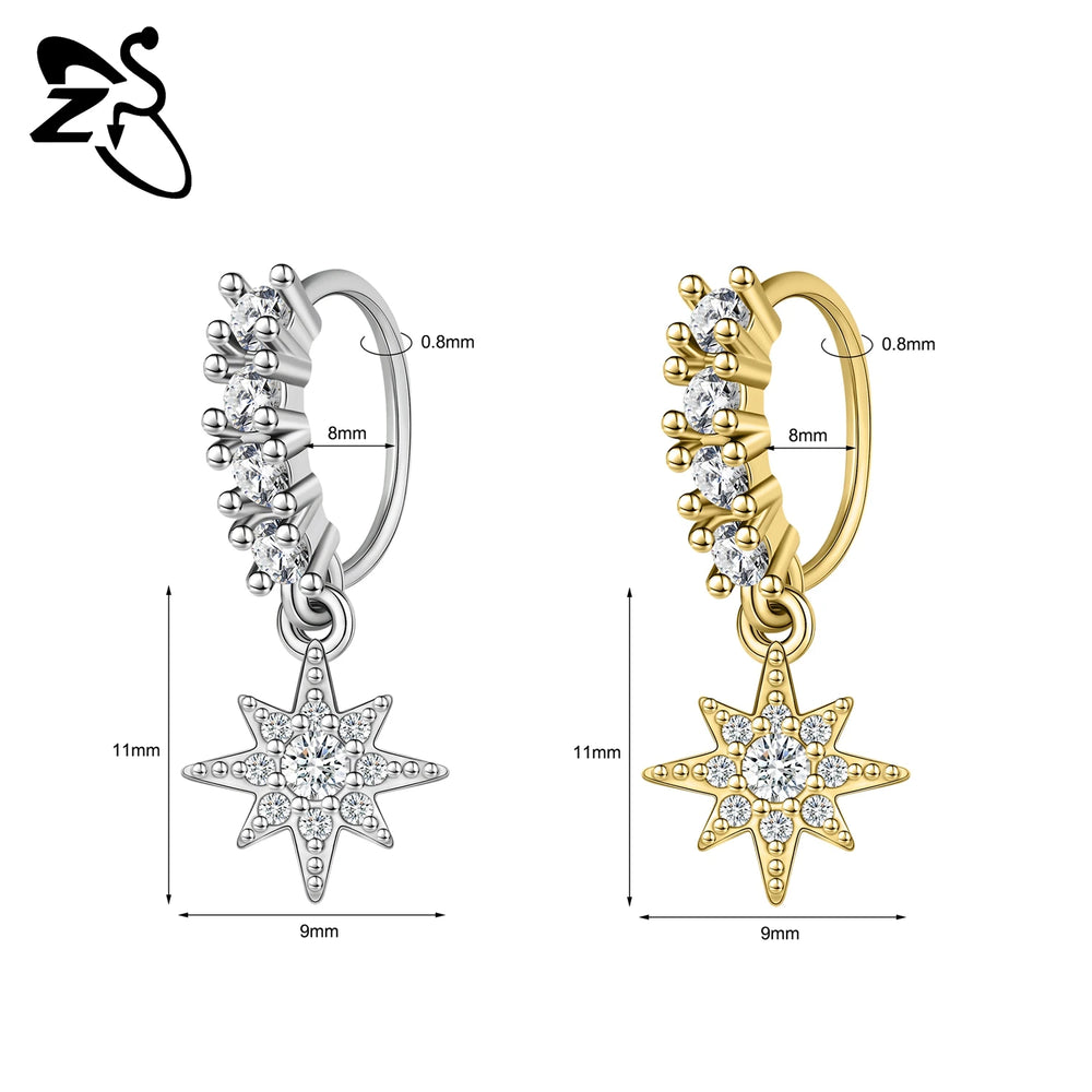ZS 1 Piece 20G Trendy Hoop Nose Rings Women Moon Star Flower Pendant Septum Piercing E close-up view