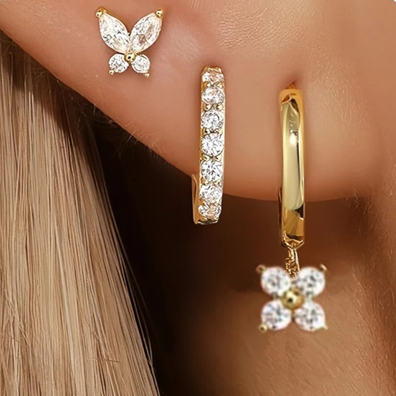 3PCS Luxury Star Pendant Piercing Earrings Set For Women Stainless Steel Zircon Punk alternate view