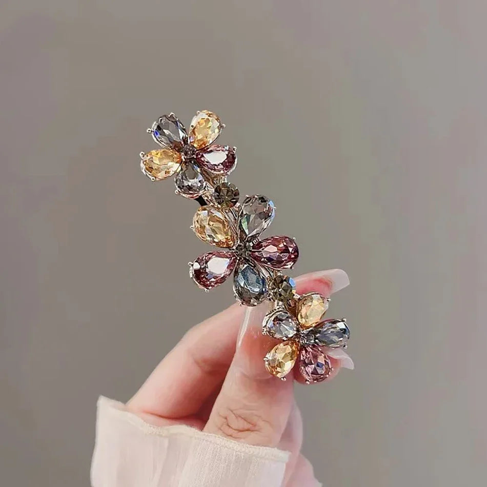 High-end Crystal Flower Hairpin Women's Back of Head Half-tied Spring Clip Hair Clip Sim detail view
