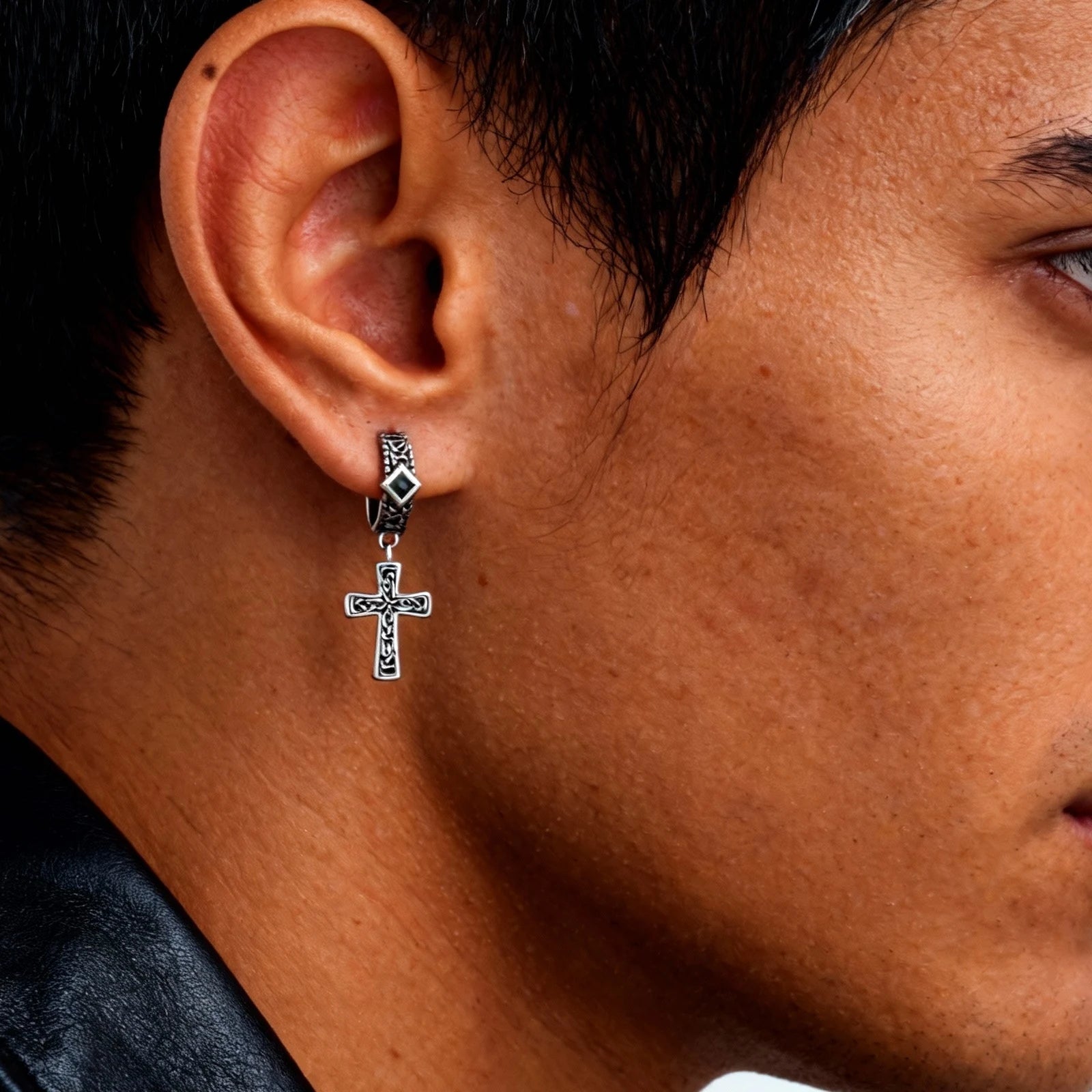 Vintage Celtic Knot Cross Hoop Earrings for Men,Anti Allergy BlackS Square Zircon Drop Earrings,Viking Jewelry Gift
