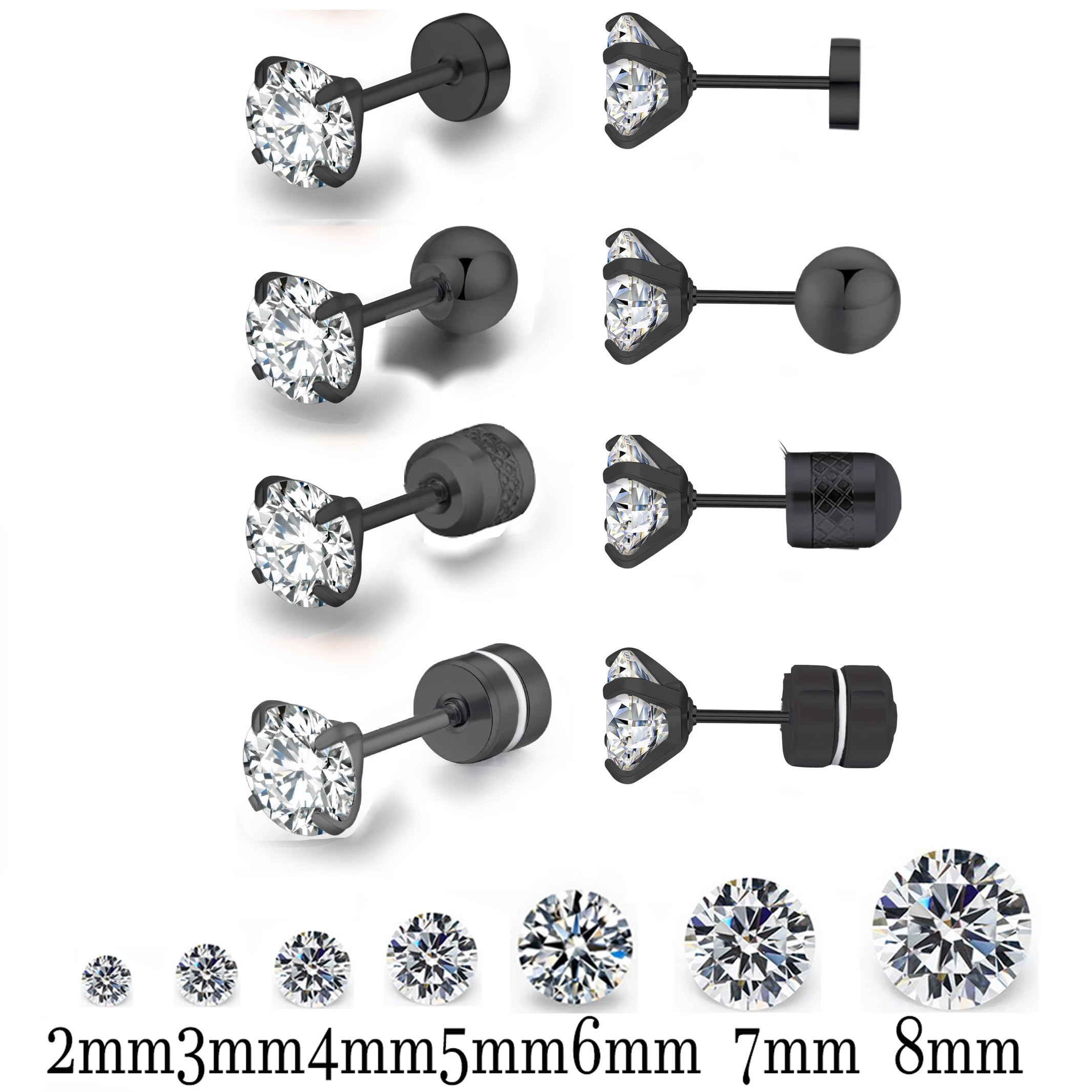 Black Top Stainless steel Unisex Women Men Round Crystal Zircon Ear Studs Earrings Piercings Fashion