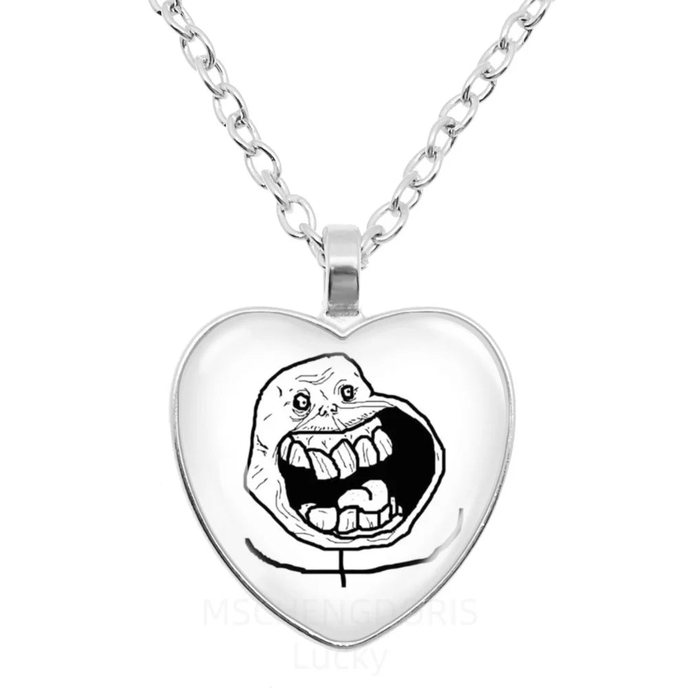 Rage Comic Necklace Derp Face Trollface Funny Meme Cartoon Glass Heart Shape Pendant lifestyle view