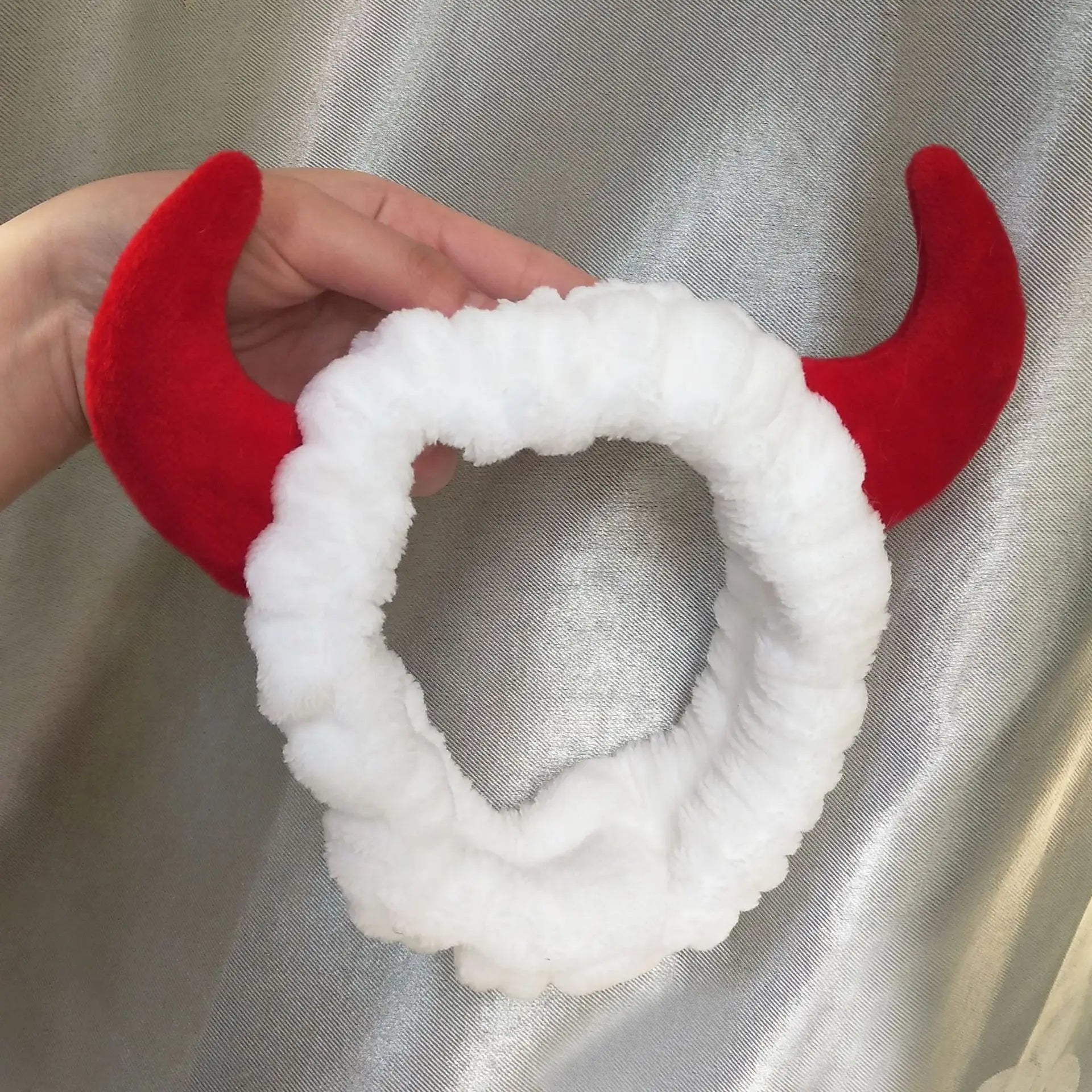 Cute Red Horns Elastic Hairbands for Women Wash Face Sport Soft Plush Rabbit Ears Head close-up view