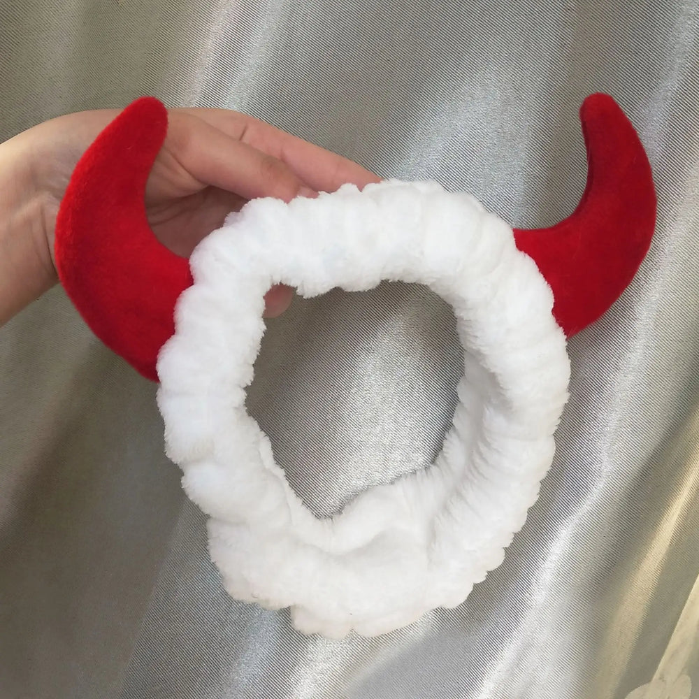 Cute Red Horns Elastic Hairbands for Women Wash Face Sport Soft Plush Rabbit Ears Head close-up view