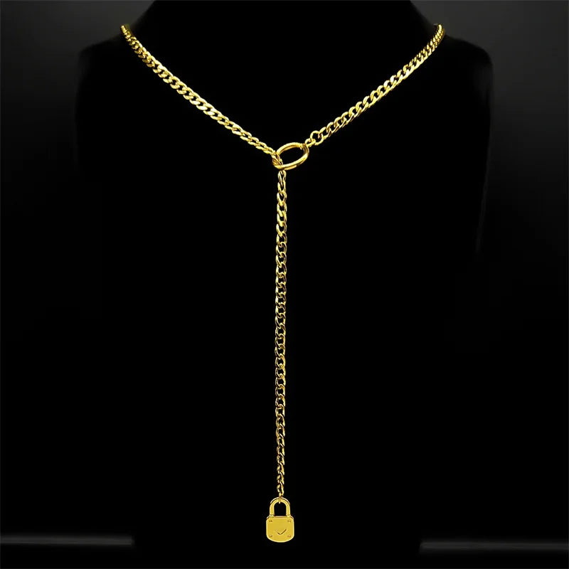 Heart O-ring Long Chain For Women Men Punk Rock Necklace Stainless Steel Key lock N additional angle