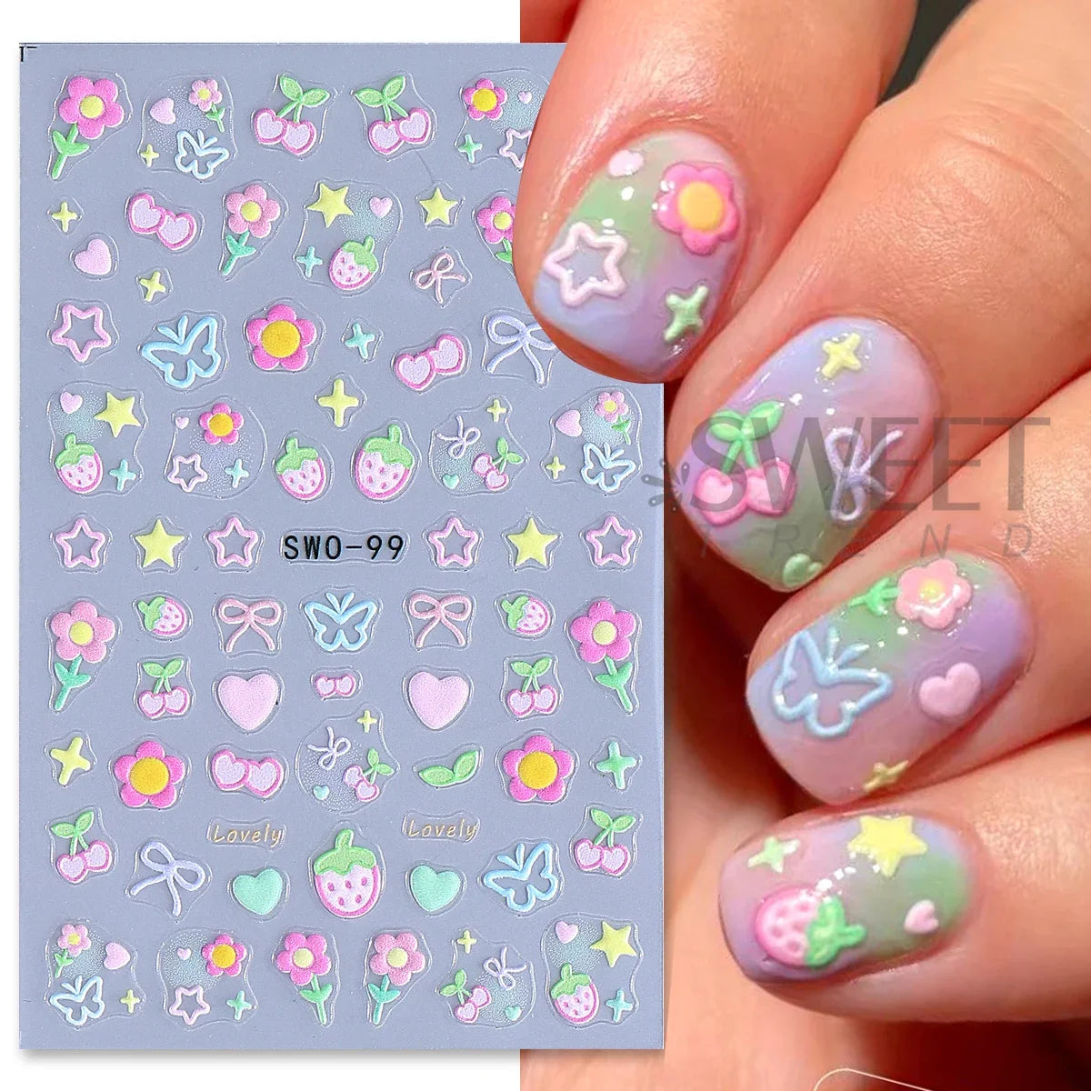 2pcs Sweet Element Nail Art Stickers Simple Flower Heart Cherry Strawberry Kawaii Dec alternate view