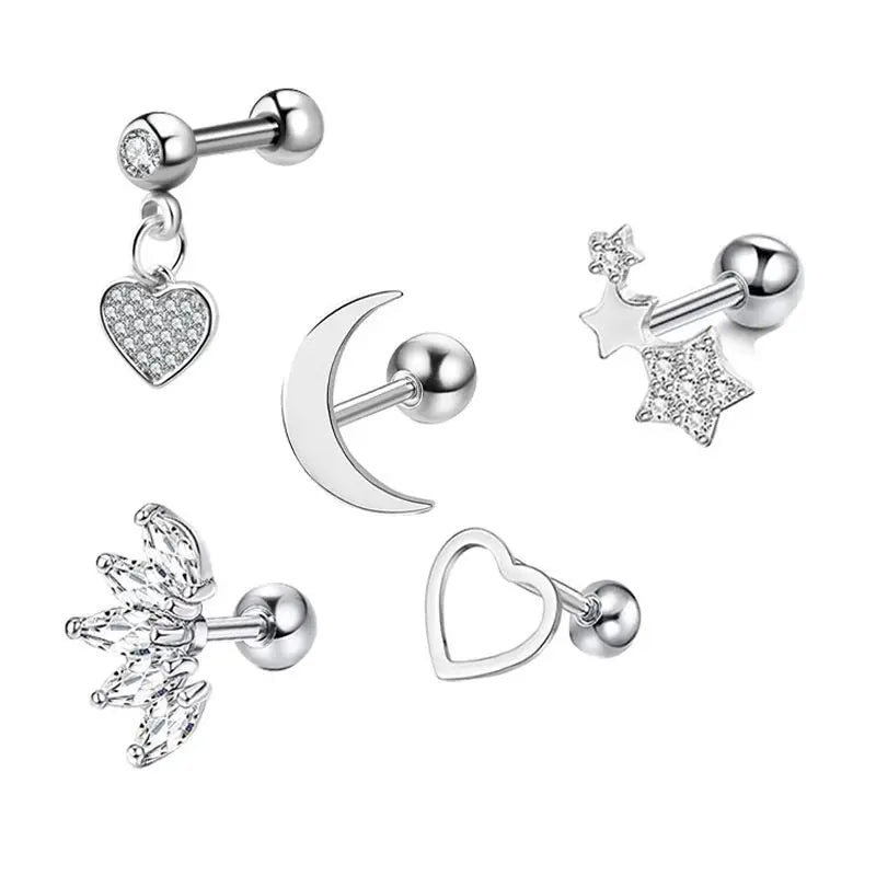 5PCS Heart Tragus Piercing Stud Earring Set Small Lobe Stud Earrings Cartilage Piercin close-up view