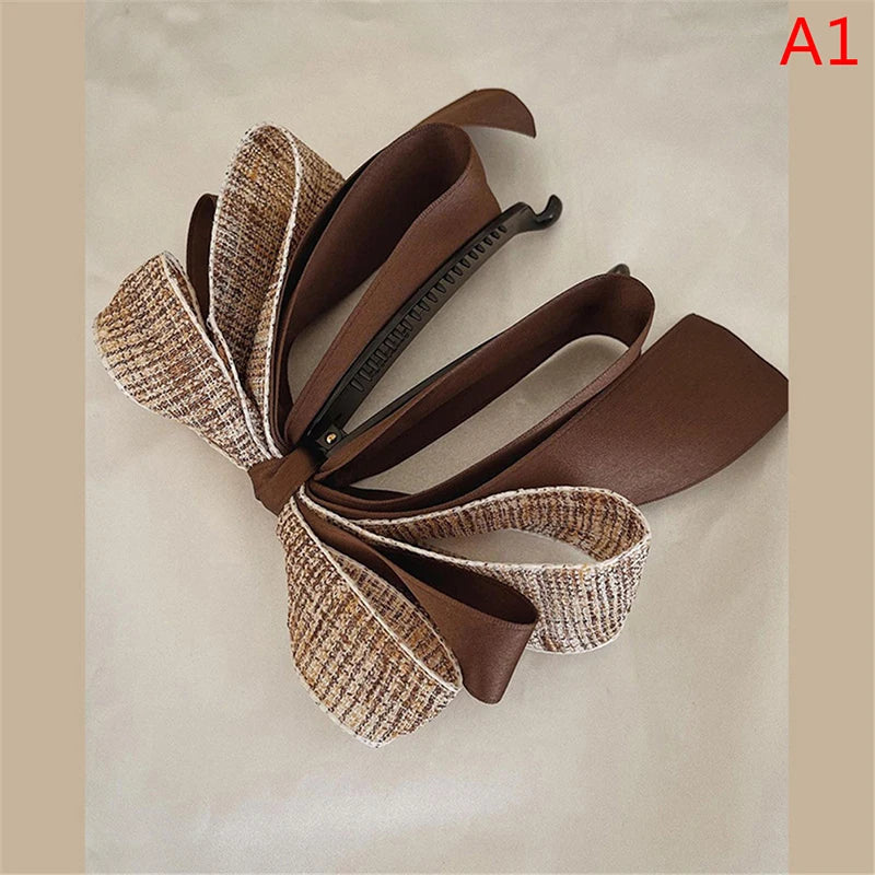 New【Korean Bow Grab Clip Female Net Red Back Of The Head Spoon Hair Card High Ponytail Fixed Artifact Headdress Hair Clips】