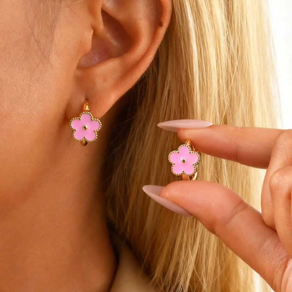Dainty Lucky Leaf Hoop Earrings for Women Teens, Stainless Steel Flower Hoop Earrings lifestyle view