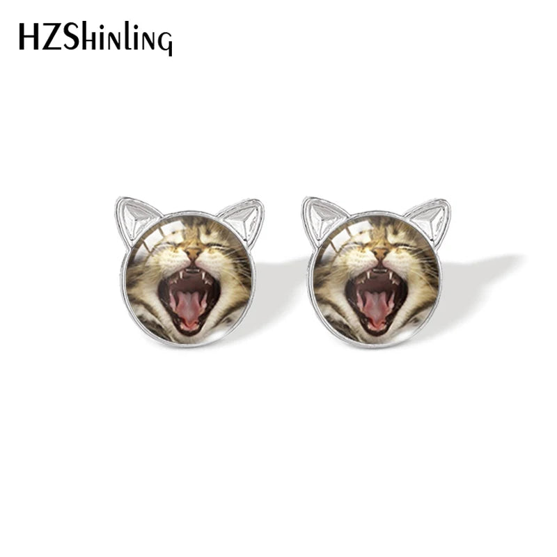 Lovely Cat Face Stud Earrings | Handmade Glass Dome Photo Printed Jewelry for Women additional angle