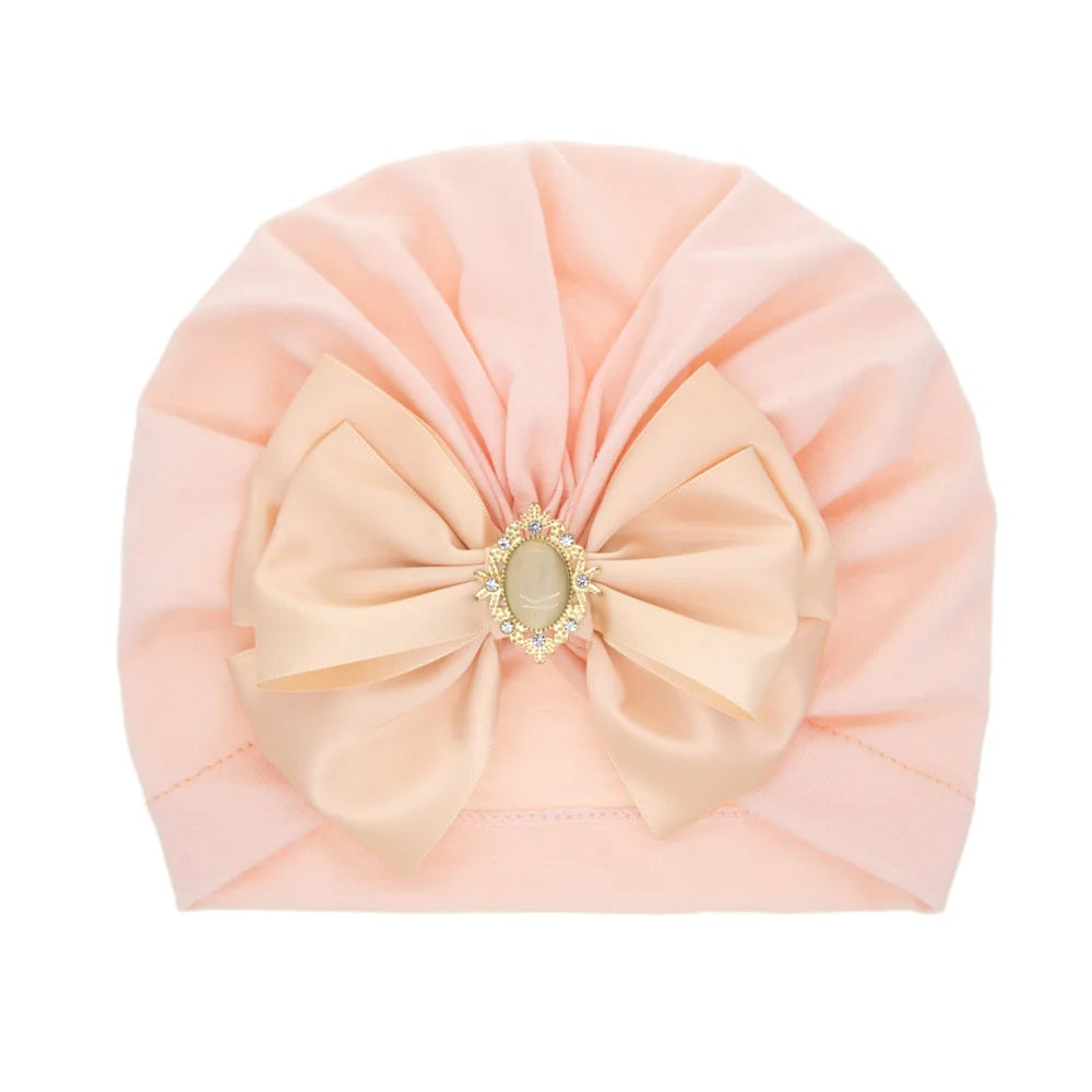 Solid Color Baby Turban Bow Beanie with Rhinestone | Handmade Infant Cap for Girls 0- alternate view