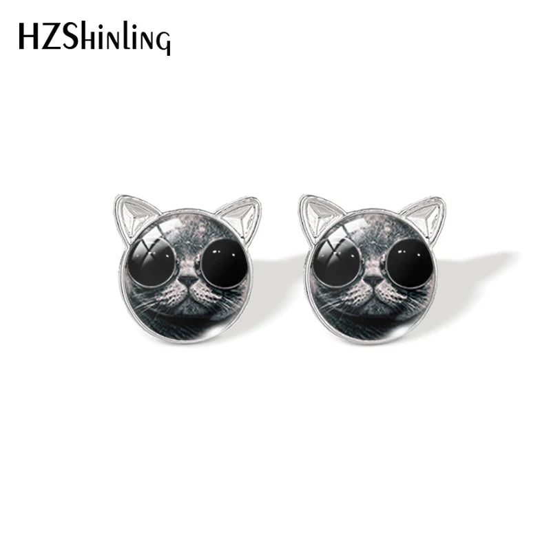 Lovely Cat Face Stud Earrings | Handmade Glass Dome Photo Printed Jewelry for Women additional angle