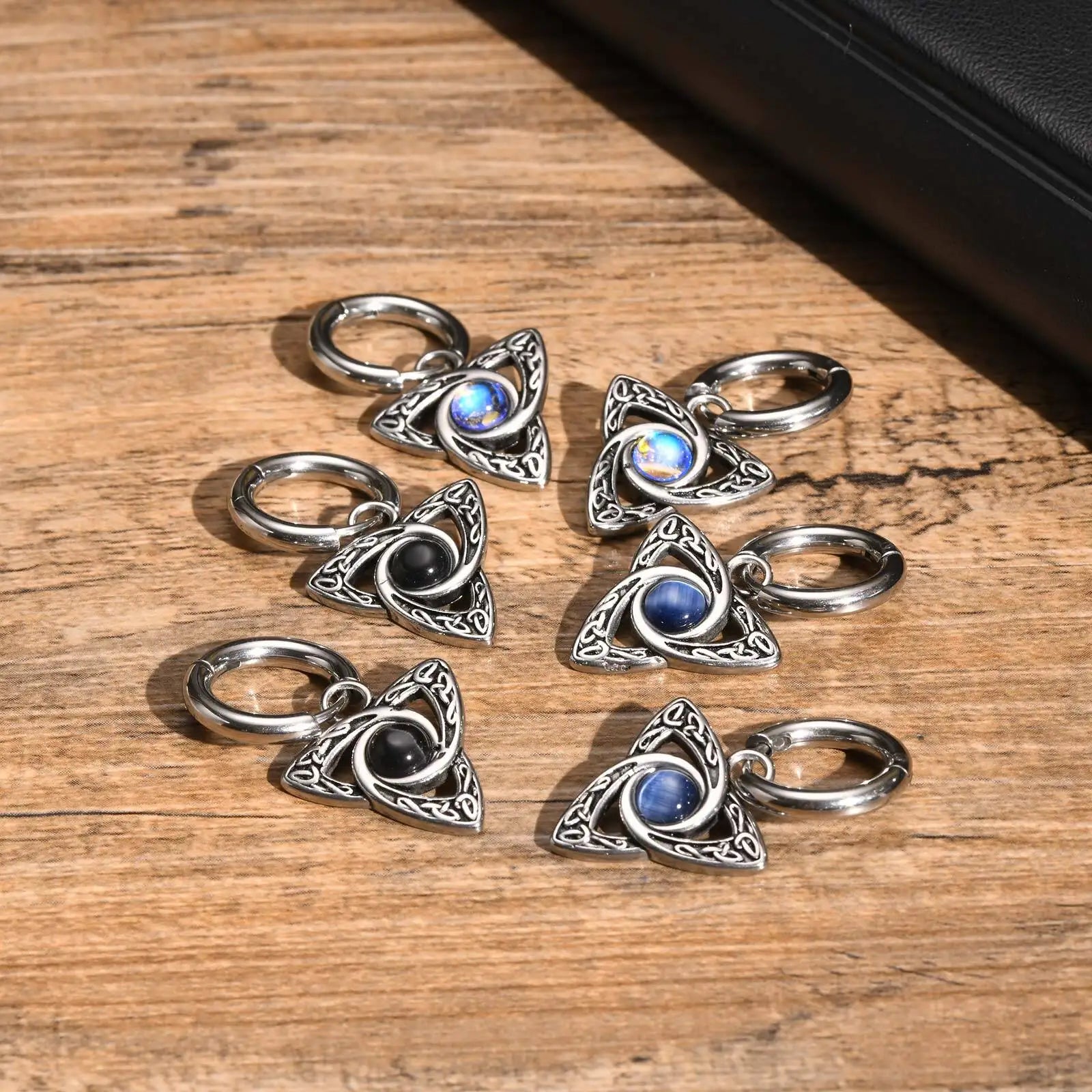 Geometric Triangle Earrings for Men Boys,Viking Natural Stone Inlaid Huggies Hoop E additional angle