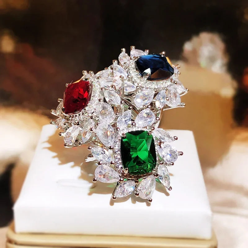 925 Silver New Colorful Square Zircon Ring Female Fashion Full Diamond Water Drop Zir alternate view