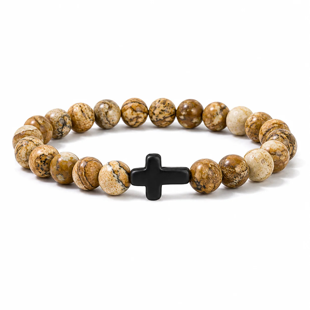 Prayer Men Natural Stone Wood Beads Rosary Hematite Cross Bracelets Onyx Meditation Br close-up view