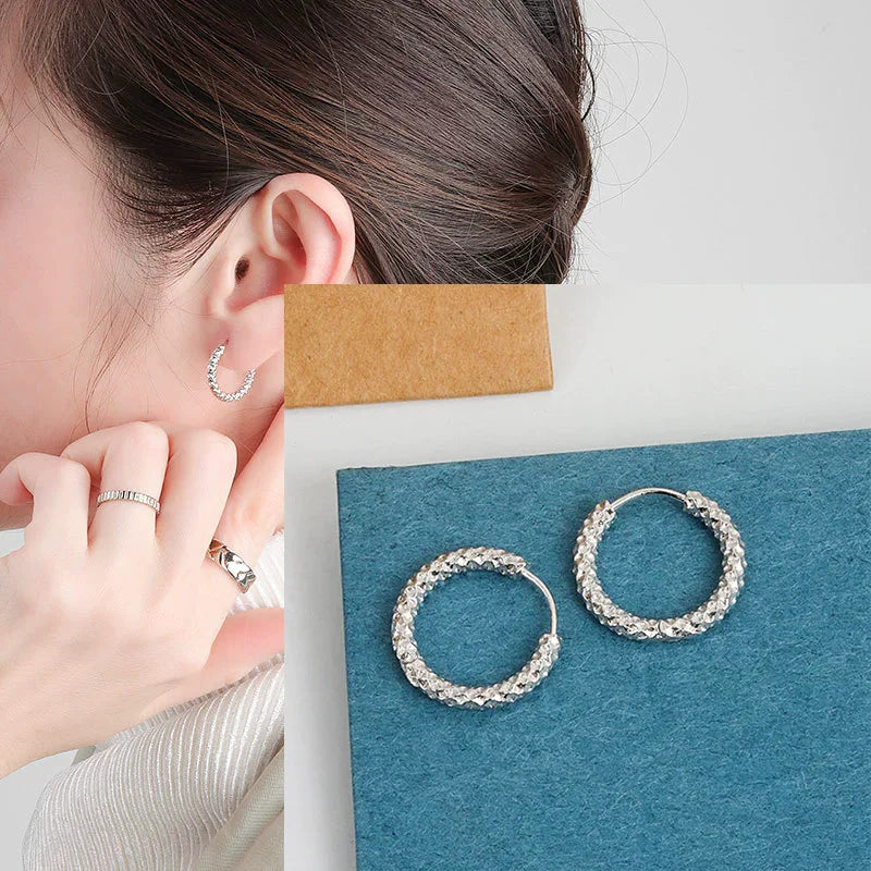 PANJBJ925 Sterling Silver Frosting Hoop Earrings For Women Texture Geometry Design Tr lifestyle view