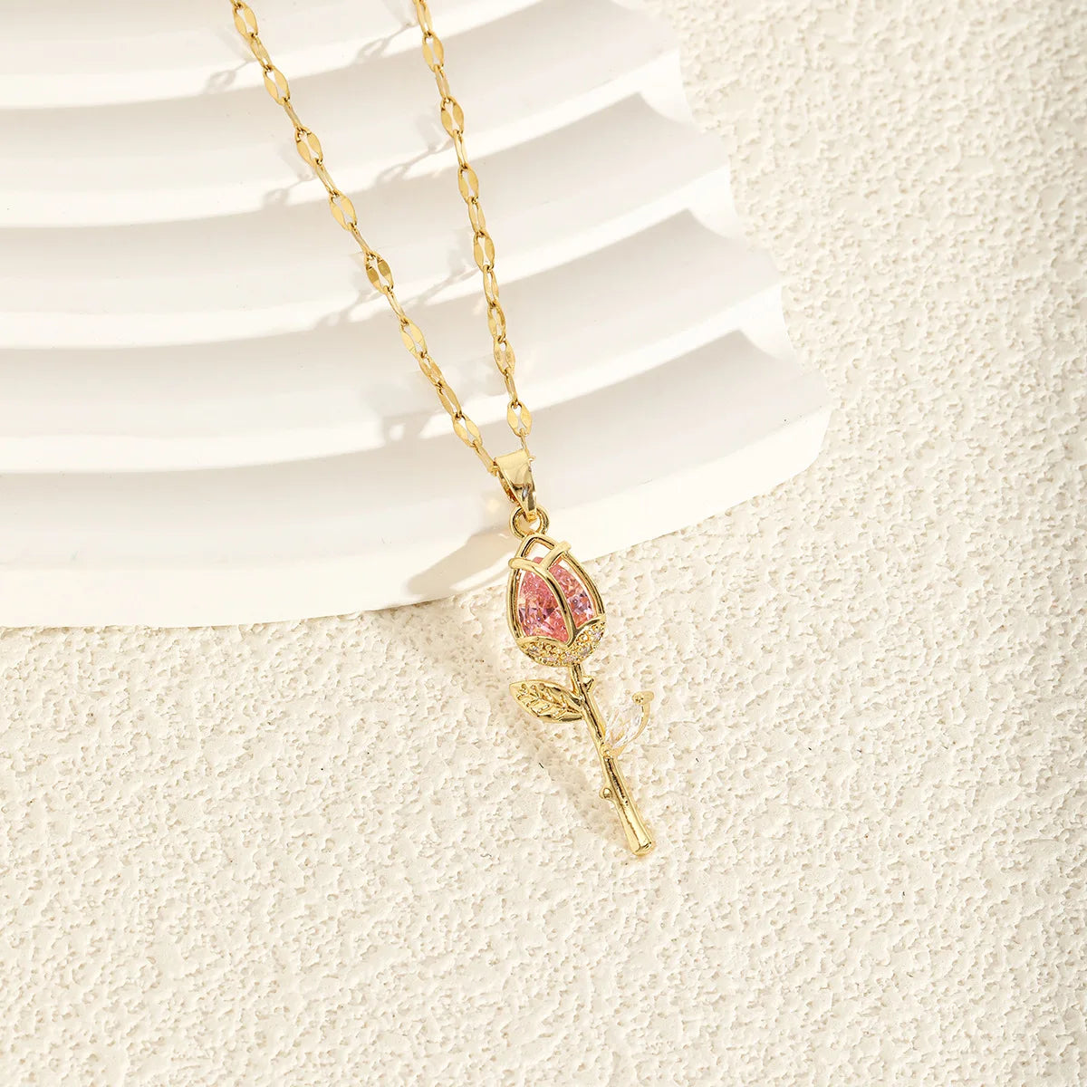Elegant Pink Rose Necklace for Women Light Luxury Zircon Flower Pendant High-End Jewel close-up view
