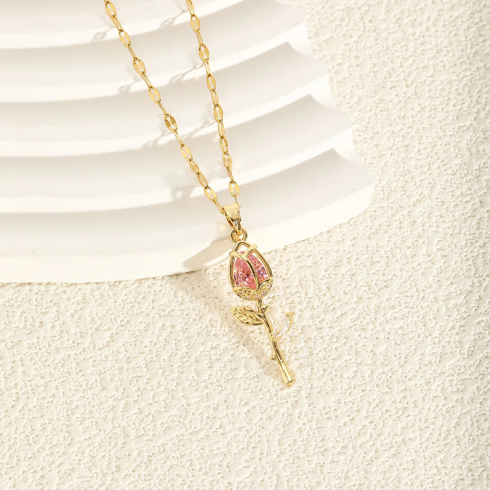 Elegant Pink Rose Necklace for Women Light Luxury Zircon Flower Pendant High-End Jewel close-up view