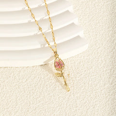Elegant Pink Rose Necklace for Women Light Luxury Zircon Flower Pendant High-End Jewel close-up view