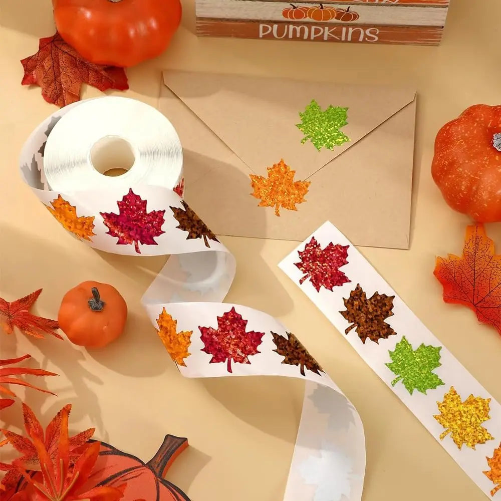 500Pcs Fall Thanksgiving Leaf Stickers | Holographic Maple Leaf Decals Roll detail view