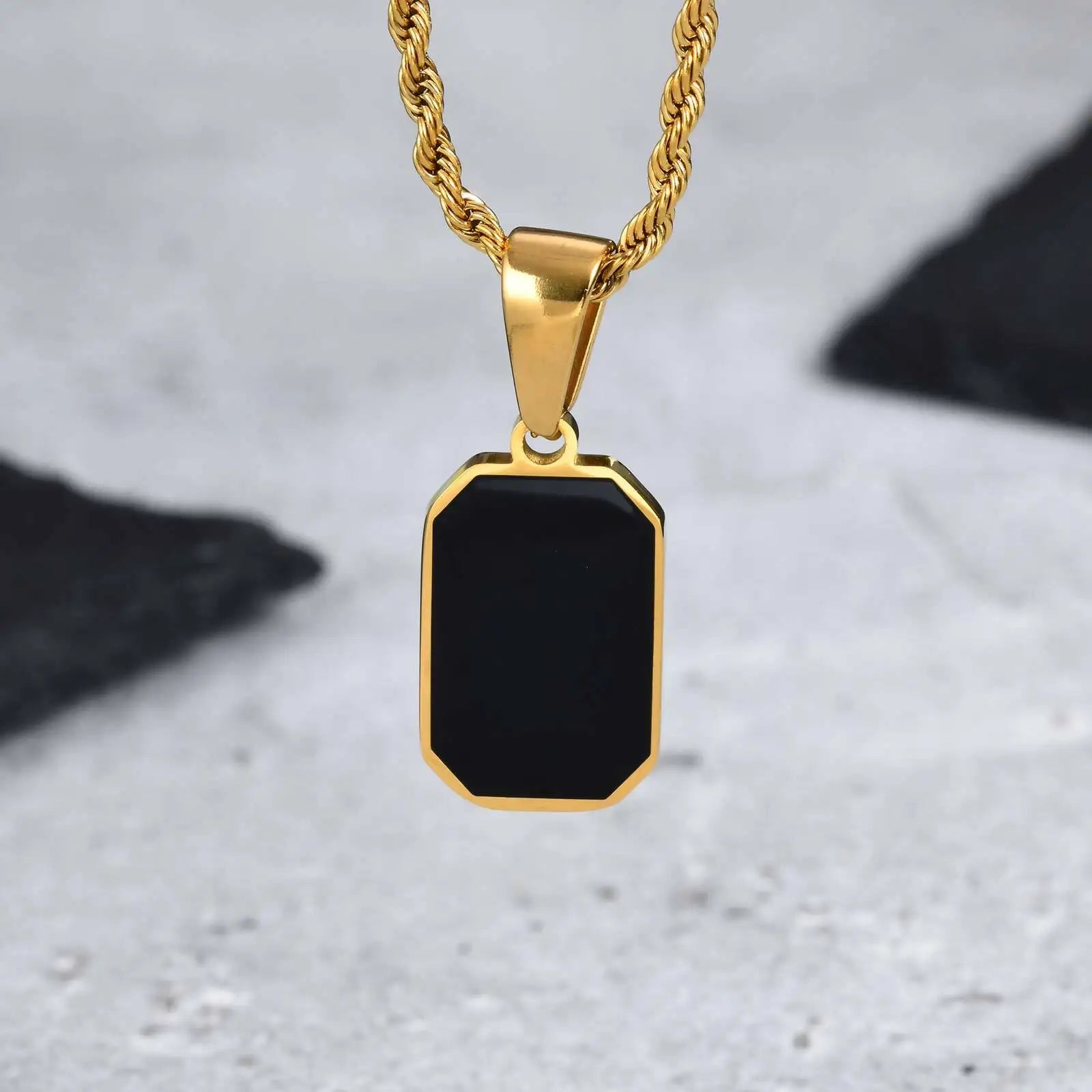 Men's Geometric Square Necklace | Black Enamel Rectangle Pendant with Rope Chain alternate view