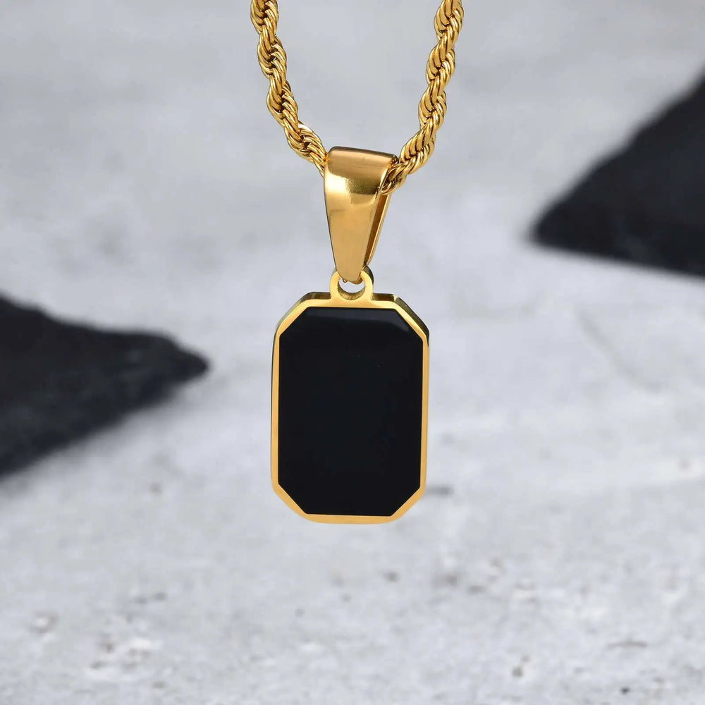 Men's Geometric Square Necklace | Black Enamel Rectangle Pendant with Rope Chain alternate view