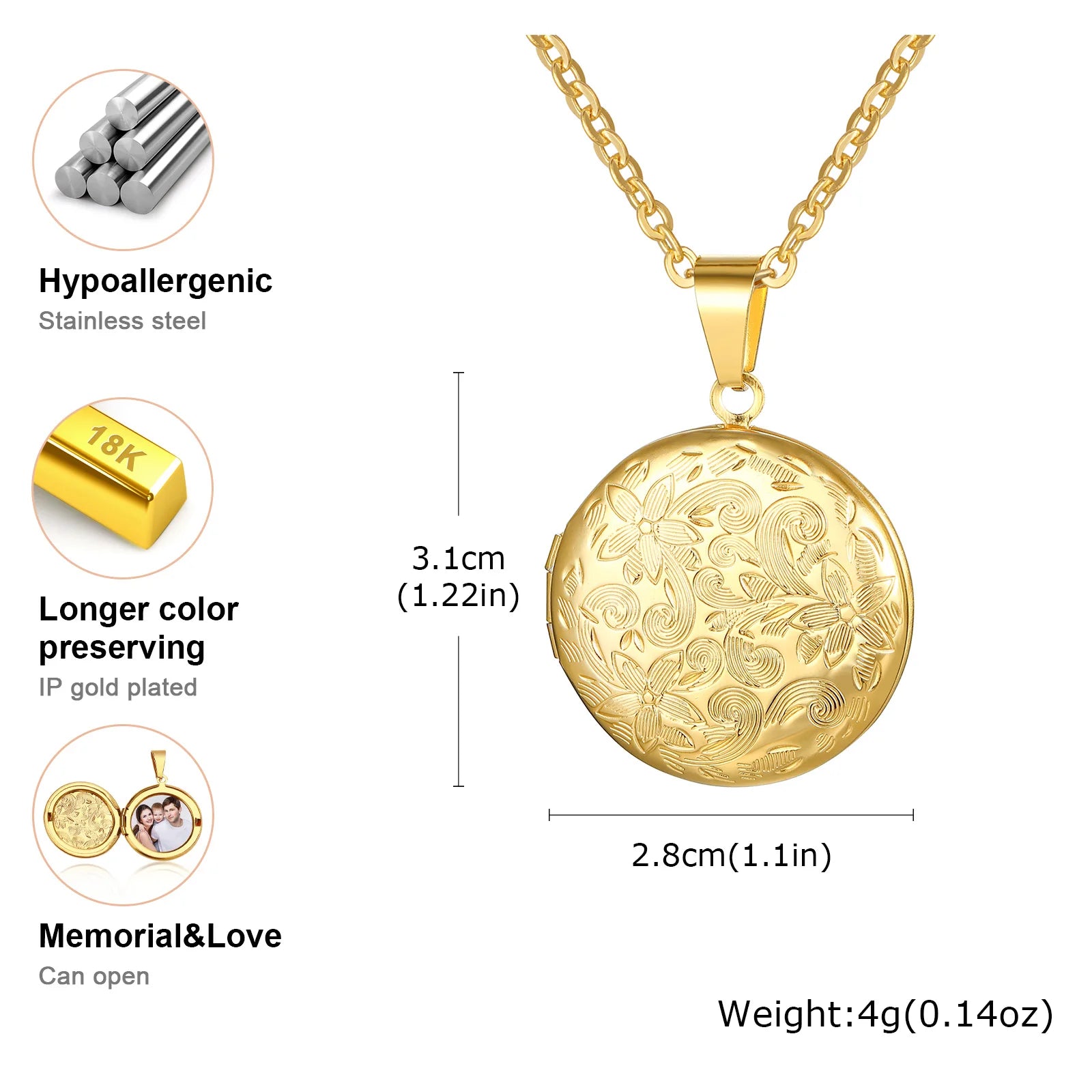 Vnox Light Heart Locket Pendants for Women Men Openable Photo Frame Glossy Stainless Ste detail view