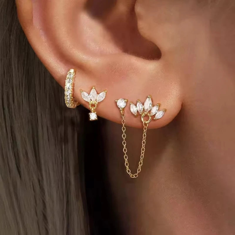 3PCS Stainless Steel Crown Chain Tassel Zircon Drop Earring Flower Ear Stud For Women alternate view