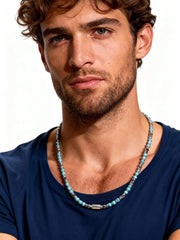 Trendy Men's Natural Stone Beaded Necklace | Classic Stainless Steel Metal Bead Choker close-up view