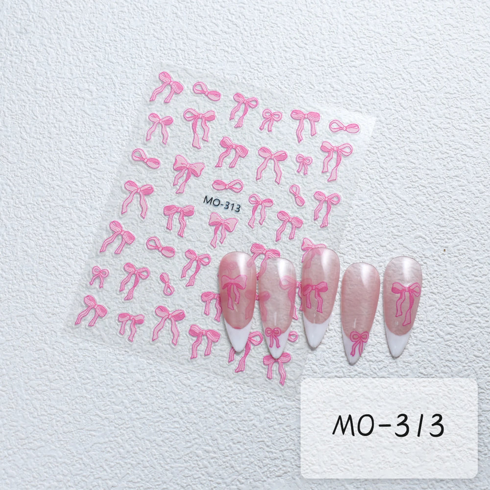 Bowknot Nail Stickers 3D Relief White Ribbon Cute Sweet Pink Self-Adhesive Nail Art De close-up view