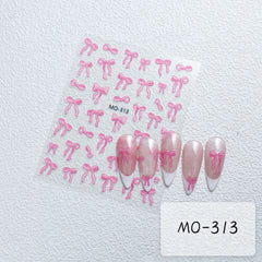 Bowknot Nail Stickers 3D Relief White Ribbon Cute Sweet Pink Self-Adhesive Nail Art De close-up view
