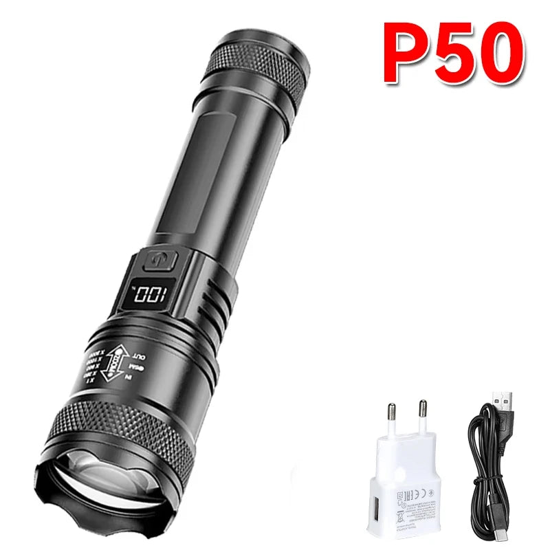 LED Tactical Flashlight P50 Telescopic Zoom Rechargeable detail view