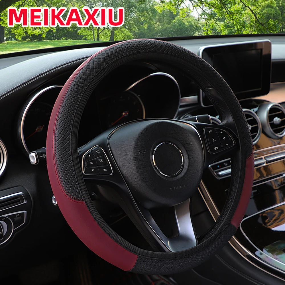 PU leather checkered embossed multi-color car rimless steering wheel cover suitable f alternate view