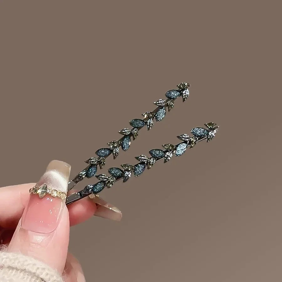2Pcs/set Rhinestone Glaze Leaf Hairpin Cute and Sweet Women's Foredead Bangs Side Clip Metal One-word Clip Hair Accessories