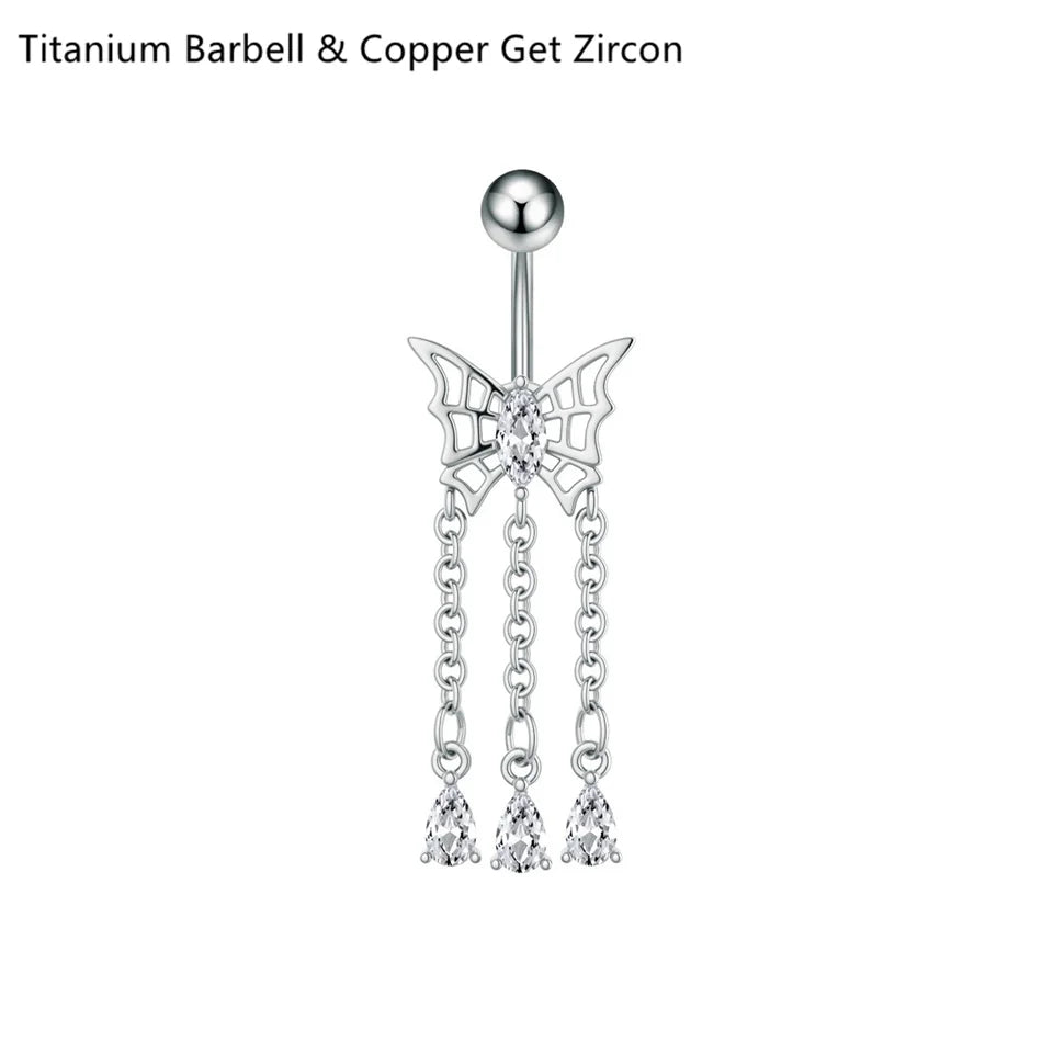 14G Crystal Heart Butterfly Dangle Belly Button Rings CZ Zircon Drop Navel Barbell Belly detail view