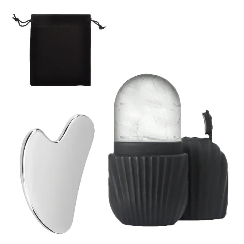 Ice Face Roller and Gua Sha Set | Stainless Steel Facial Massage Tools close-up view