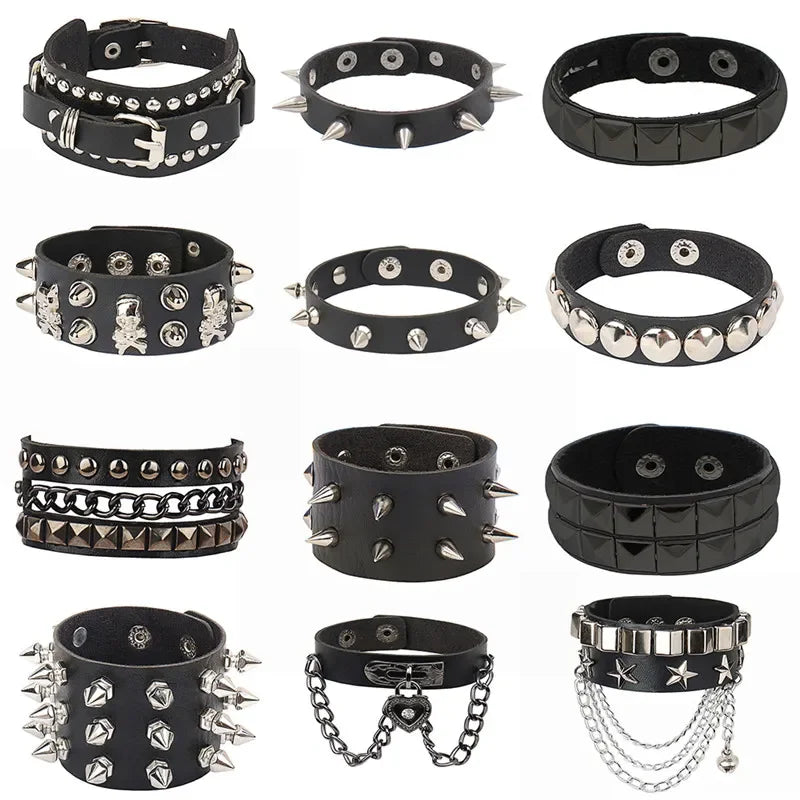 90s Heart Gothic Spike Bracelet Adjustable Punk Rock Bracelet Black Studded Faux Leather Bracelet for Men Women Gift