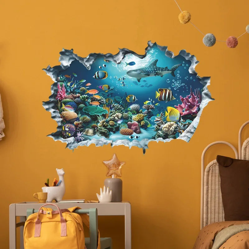 3D Shark Wall Decal | Ocean Underwater World Mural for Bedroom close-up view