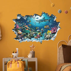 3D Shark Wall Decal | Ocean Underwater World Mural for Bedroom close-up view