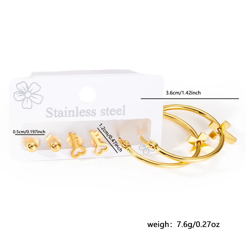 316L Stainless Steel 6 Piece Earring Set | Circle Heart Star Flower Pendant Earring additional angle