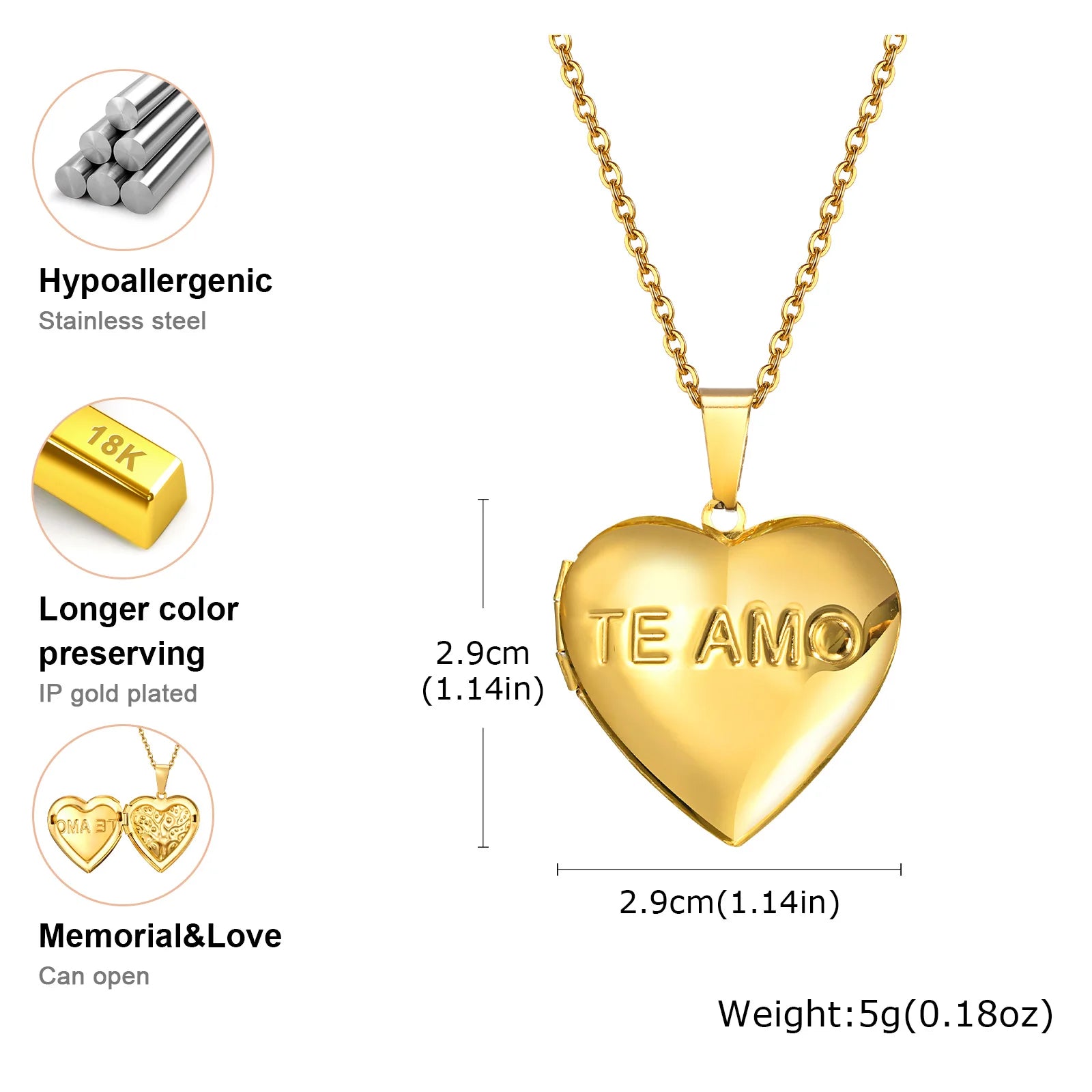 Vnox Light Heart Locket Pendants for Women Men Openable Photo Frame Glossy Stainless lifestyle view