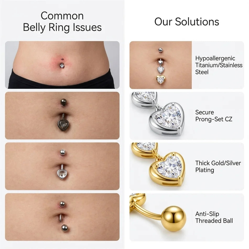 14G Crystal Heart Butterfly Dangle Belly Button Rings CZ Zircon Drop Navel Barbell Bel close-up view