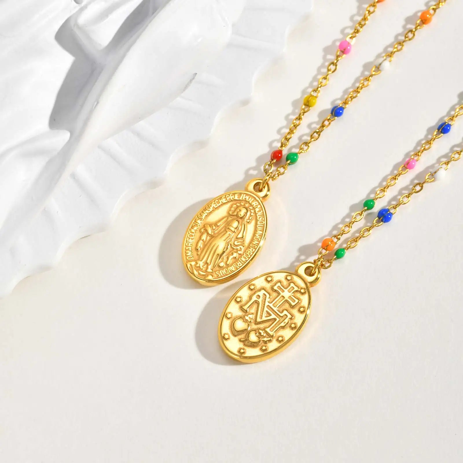 Bohemian Colored Virgin Oval Necklace | Gold Plated Stainless Steel Rosary Chain alternate view
